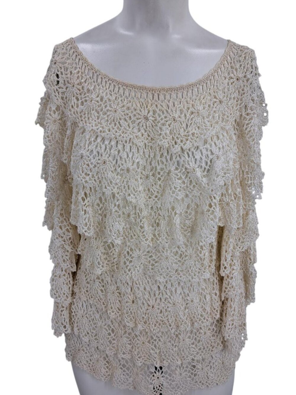 Boston Proper Sheer Ruffle Crochet Lace Blouse Size M/L Ivory Cottagecore Boho - Picture 9 of 13